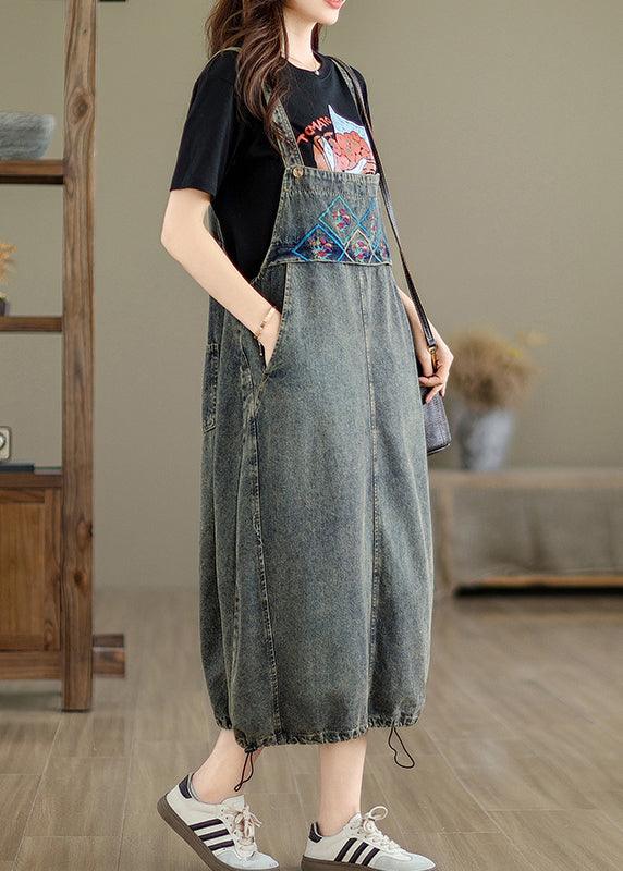 Grey Pockets Patchwork Drawstring Denim Maxi Dresses Summer Uu042
