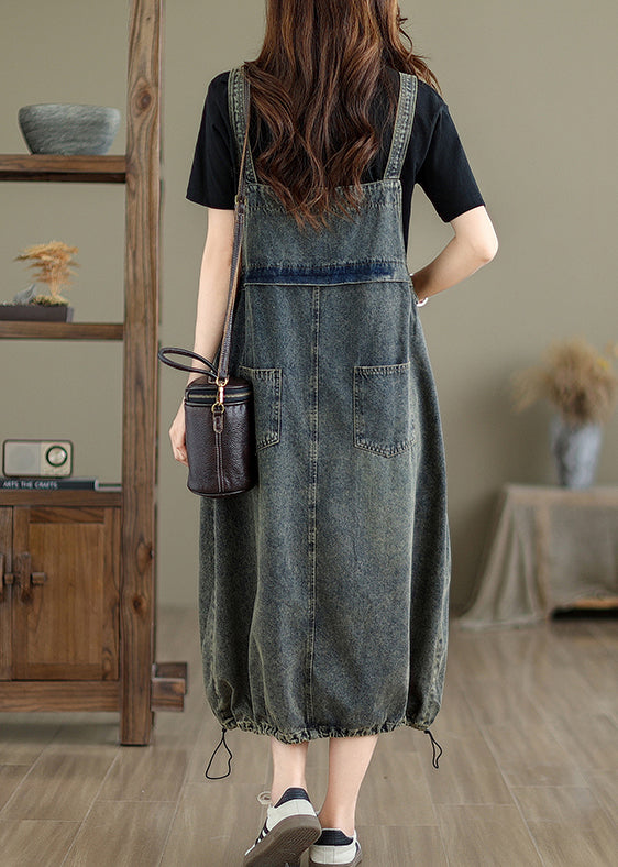 Grey Pockets Patchwork Drawstring Denim Maxi Dresses Summer Uu042