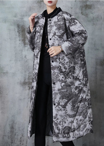 Grey Print Pockets Fine Cotton Filled Coats Winter Jk1052