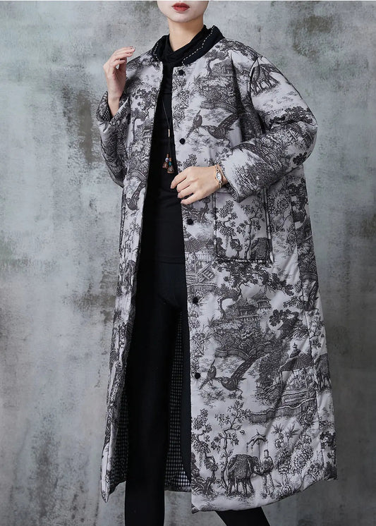 Grey Print Pockets Fine Cotton Filled Coats Winter Jk1052
