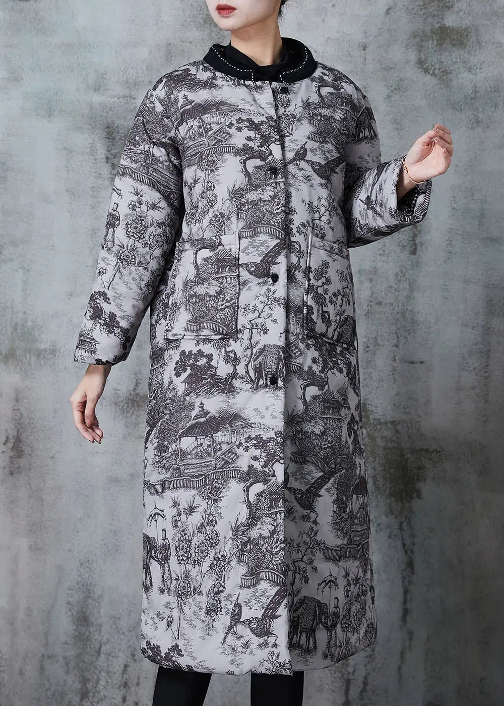 Grey Print Pockets Fine Cotton Filled Coats Winter Jk1052
