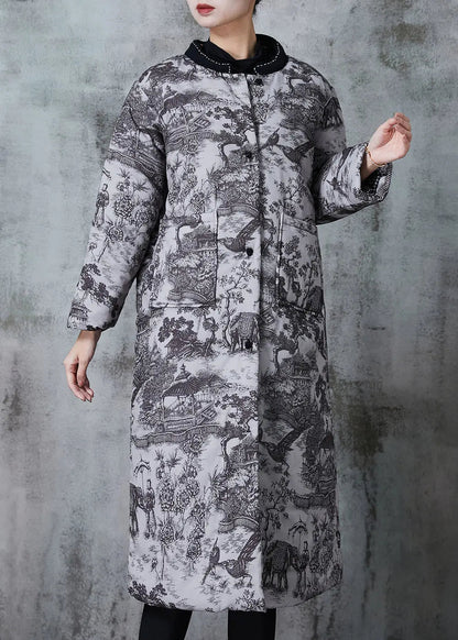 Grey Print Pockets Fine Cotton Filled Coats Winter Jk1052