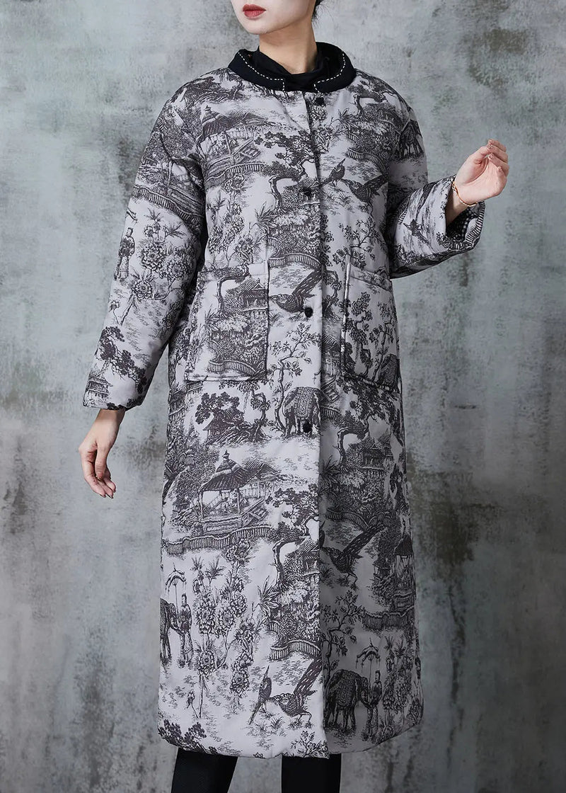 Grey Print Pockets Fine Cotton Filled Coats Winter Jk1052
