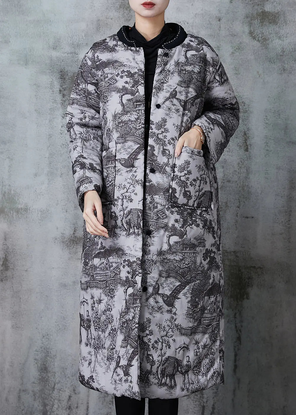 Grey Print Pockets Fine Cotton Filled Coats Winter Jk1052