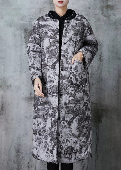 Grey Print Pockets Fine Cotton Filled Coats Winter Jk1052