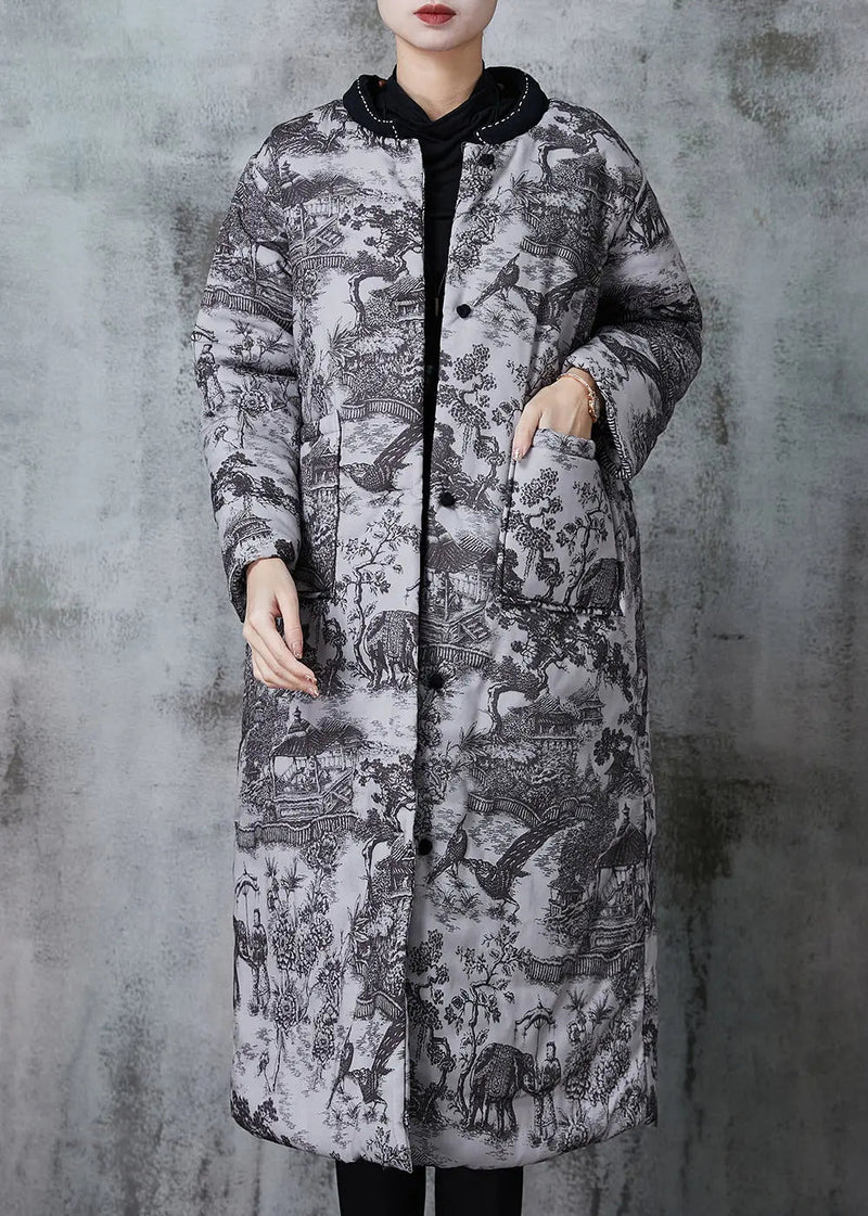 Grey Print Pockets Fine Cotton Filled Coats Winter Jk1052
