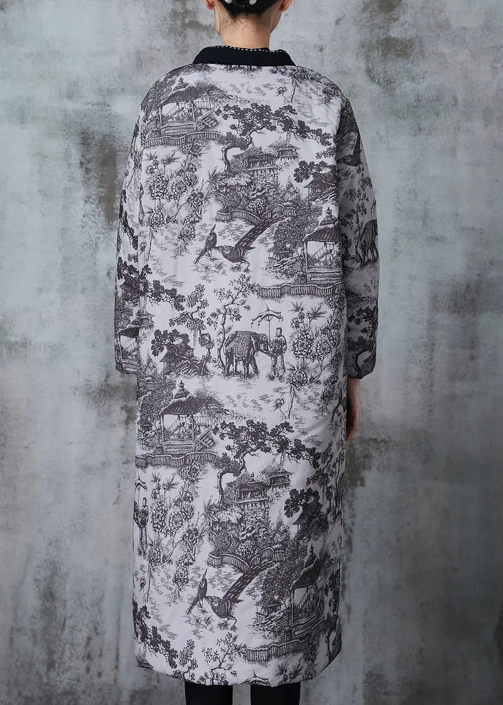 Grey Print Pockets Fine Cotton Filled Coats Winter Jk1052