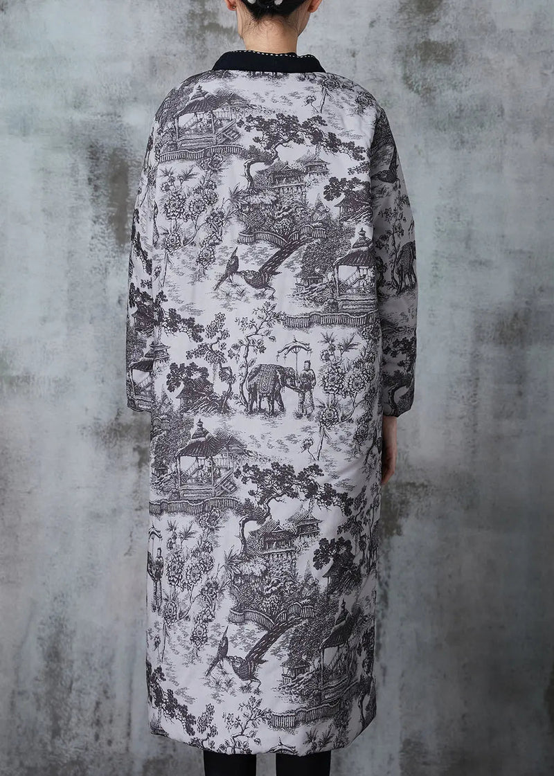 Grey Print Pockets Fine Cotton Filled Coats Winter Jk1052
