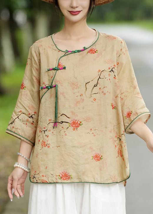 Khaki Button Print Linen Blouse Bracelet Sleeve Jh008