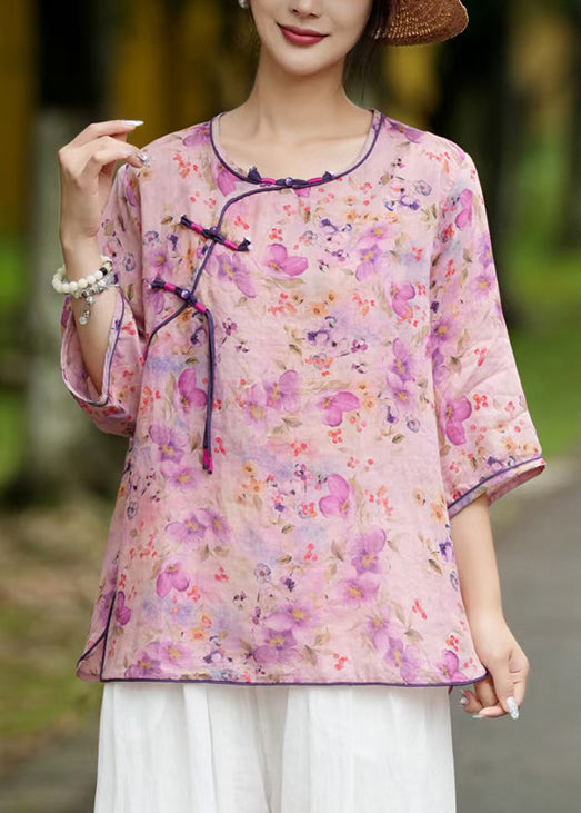 Khaki Button Print Linen Blouse Bracelet Sleeve Jh008