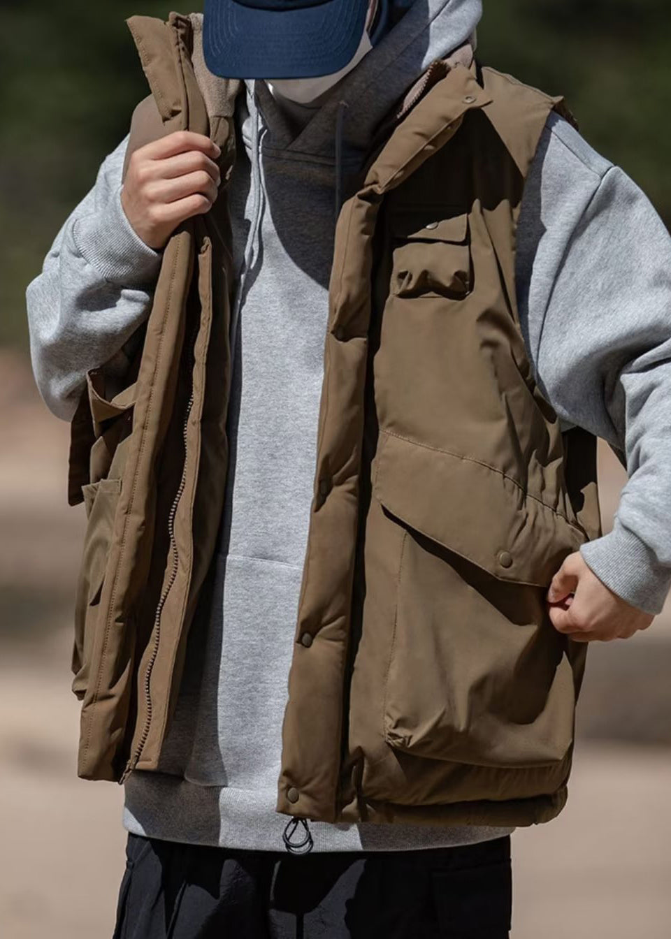 Khaki Stand Collar Pockets Cotton Filled Waistcoat Winter Eq033