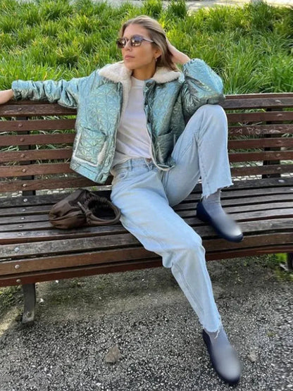 Lapel Wool Leather Patchwork Short Winter Warm Coat