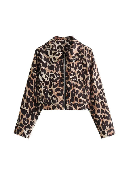Leopard Print Bomber Lapel Long Zipper Loose Coat