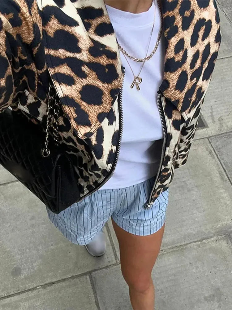 Leopard Print Bomber Lapel Long Zipper Loose Coat