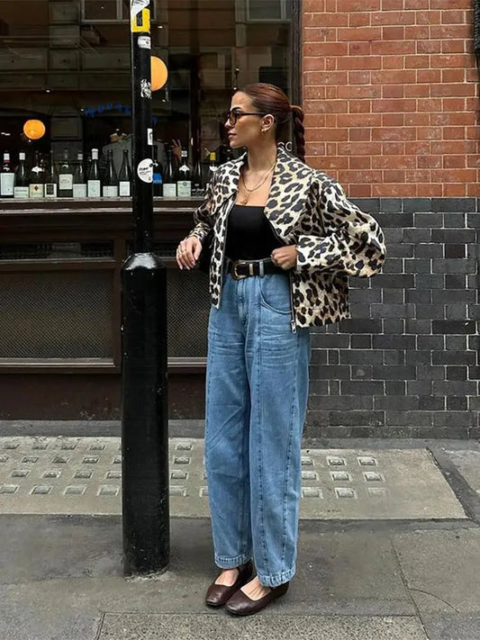 Leopard Print Bomber Lapel Long Zipper Loose Coat