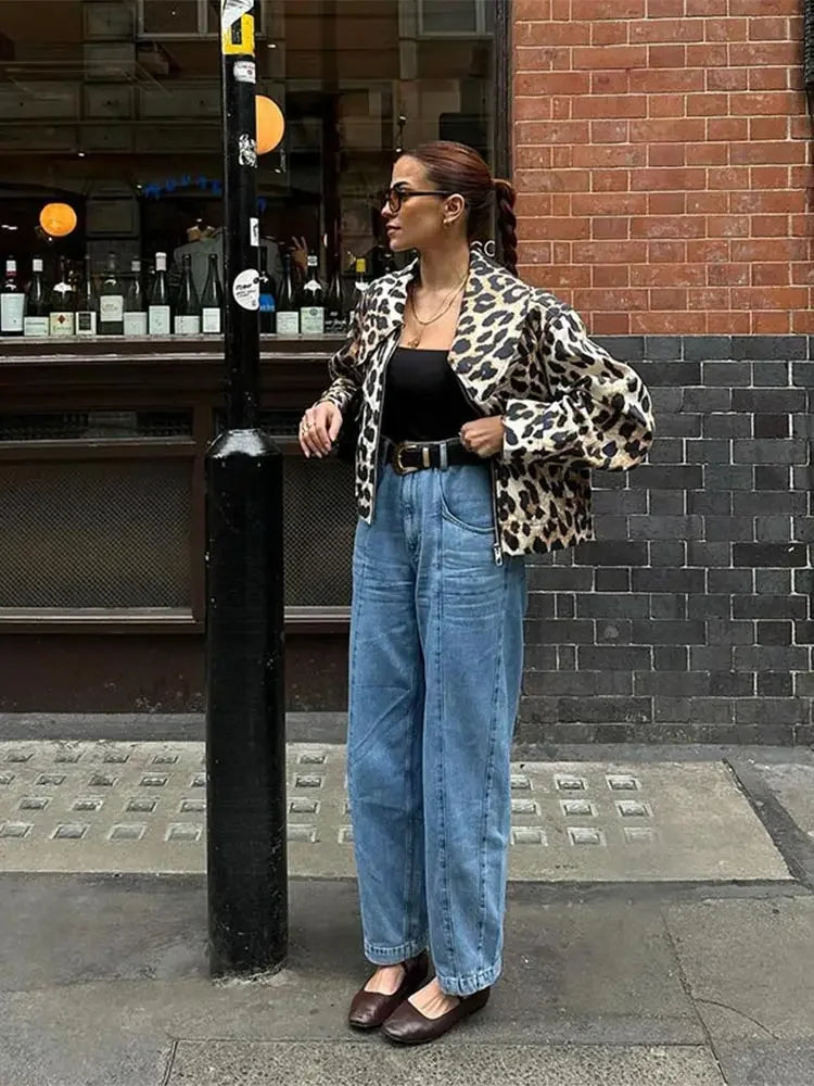 Leopard Print Bomber Lapel Long Zipper Loose Coat