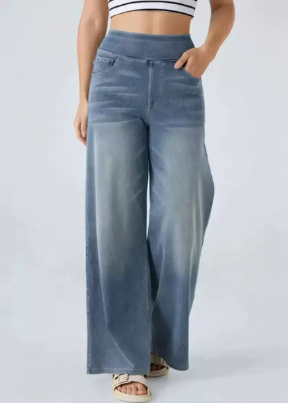 Leg Elastic Blue Light Wide Pants Pockets Denim Waist