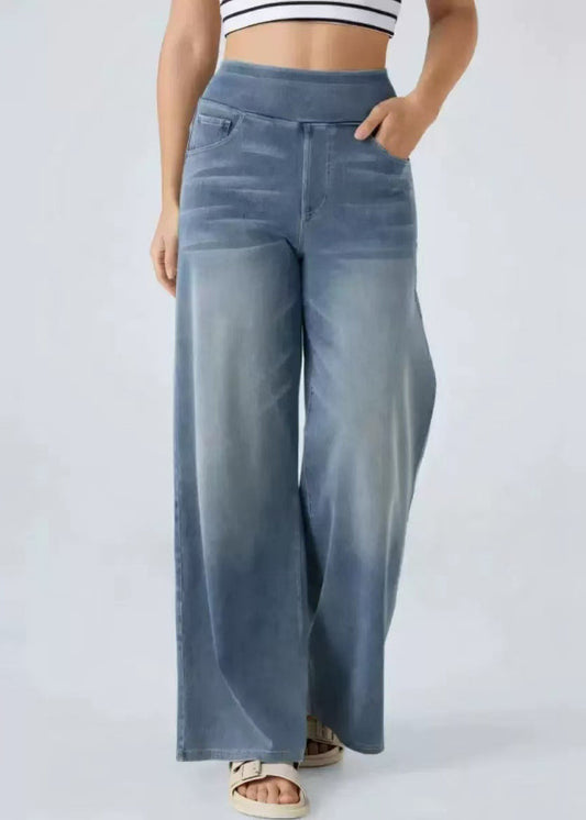 Leg Elastic Blue Light Wide Pants Pockets Denim Waist