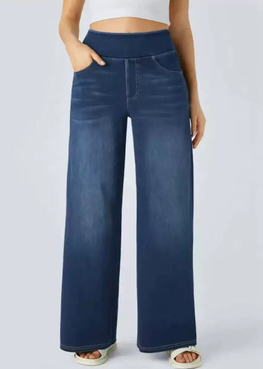 Leg Elastic Blue Light Wide Pants Pockets Denim Waist