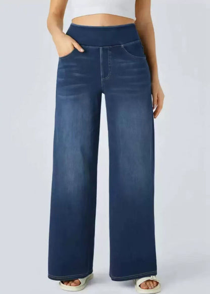 Leg Elastic Blue Light Wide Pants Pockets Denim Waist
