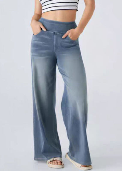 Leg Elastic Blue Light Wide Pants Pockets Denim Waist