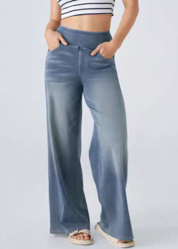 Leg Elastic Blue Light Wide Pants Pockets Denim Waist