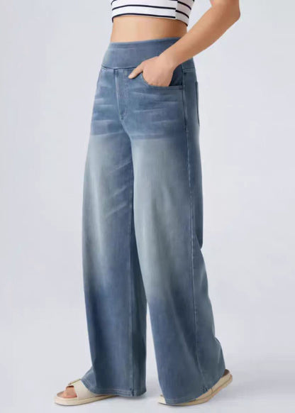 Leg Elastic Blue Light Wide Pants Pockets Denim Waist