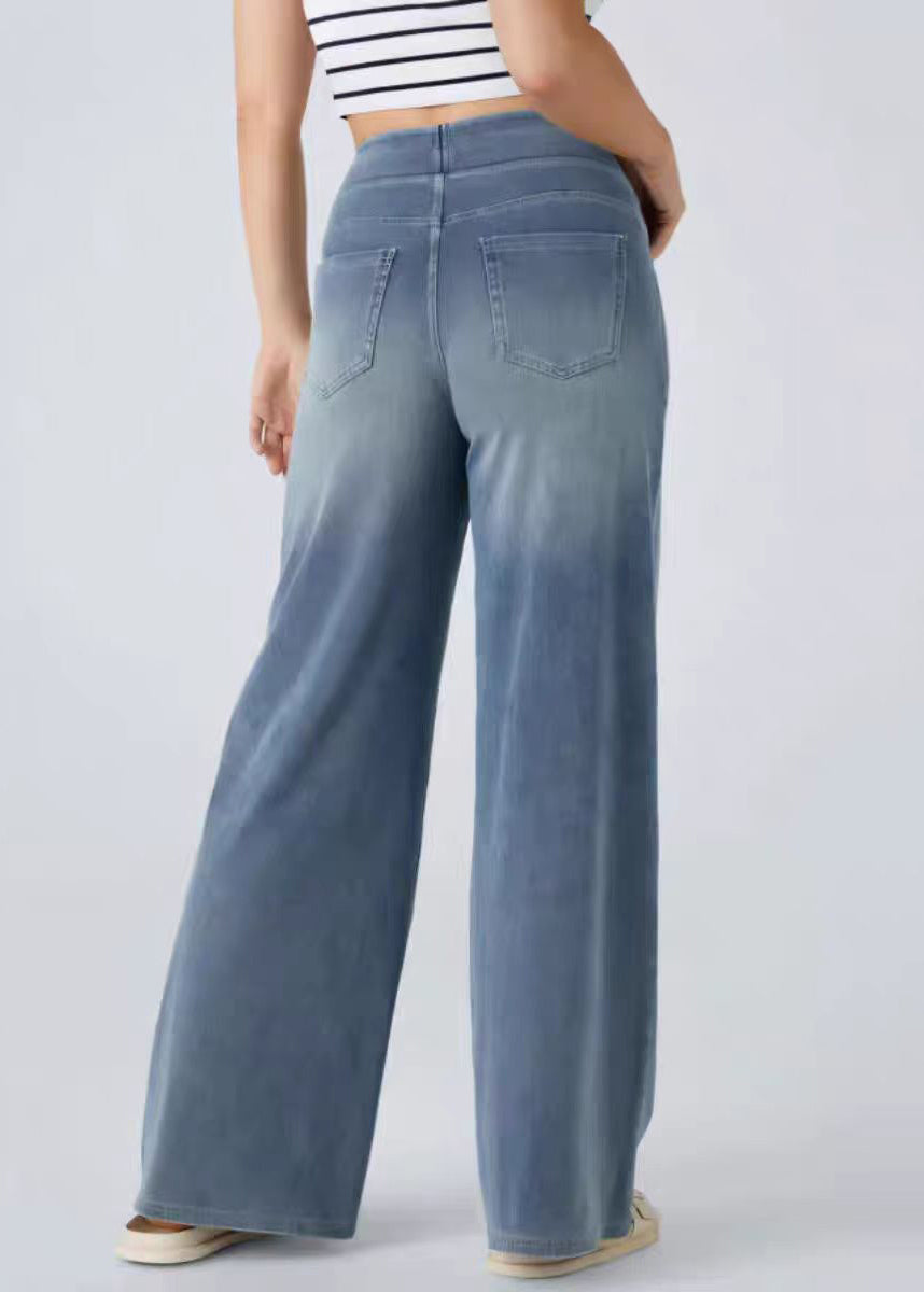 Leg Elastic Blue Light Wide Pants Pockets Denim Waist