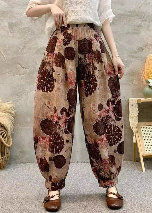 Light Brown Pockets Elastic Waist Cotton Harem Pants Summer Re039