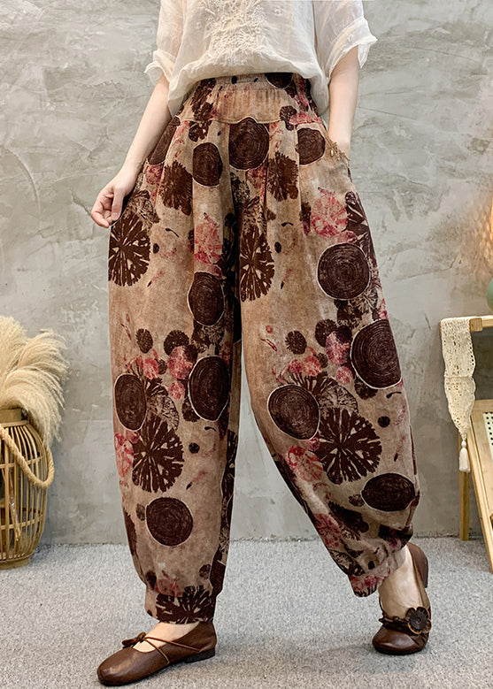 Light Brown Pockets Elastic Waist Cotton Harem Pants Summer Re039