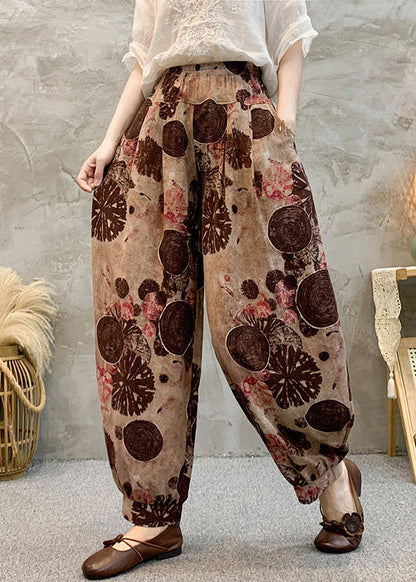 Light Brown Pockets Elastic Waist Cotton Harem Pants Summer Re039