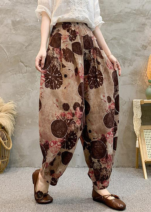 Light Brown Pockets Elastic Waist Cotton Harem Pants Summer Re039