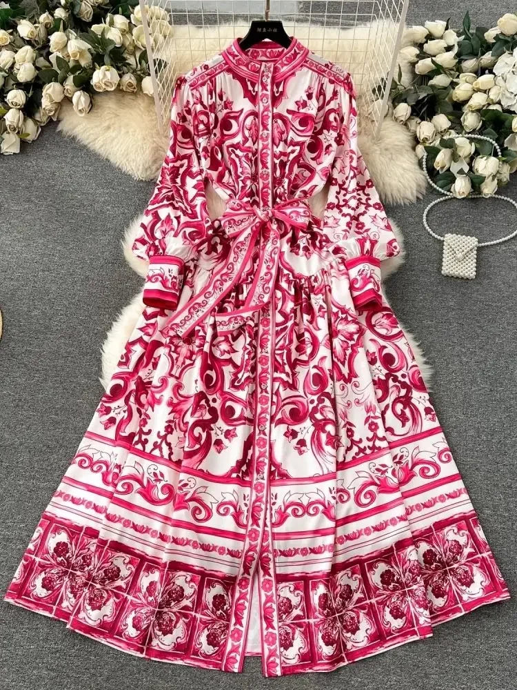 Long Dress Printing Long Sleeve Maxi Dresses Slim A-line High Waisted Bandage Long Robe Vestidos