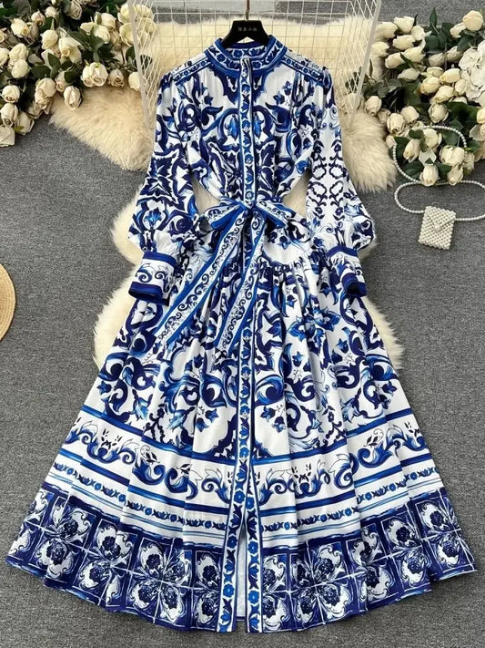 Long Dress Printing Long Sleeve Maxi Dresses Slim A-line High Waisted Bandage Long Robe Vestidos