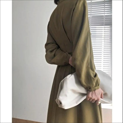 Long Sleeve Autumn Bodycon Dress Slimming Pleated Stand Collar Midi Dress
