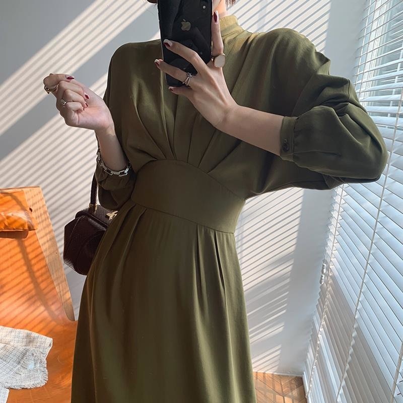Long Sleeve Autumn Bodycon Dress Slimming Pleated Stand Collar Midi Dress