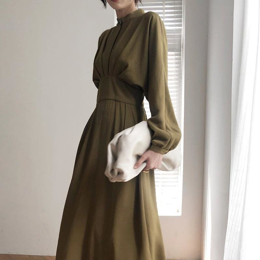 Long Sleeve Autumn Bodycon Dress Slimming Pleated Stand Collar Midi Dress
