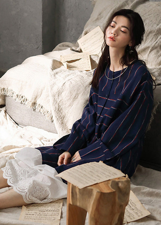 Navy Blue O-neck Striped Patchwork Cozy Cotton Long Dress Long Sleeve To1033