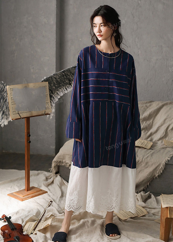 Navy Blue O-neck Striped Patchwork Cozy Cotton Long Dress Long Sleeve Ly1900