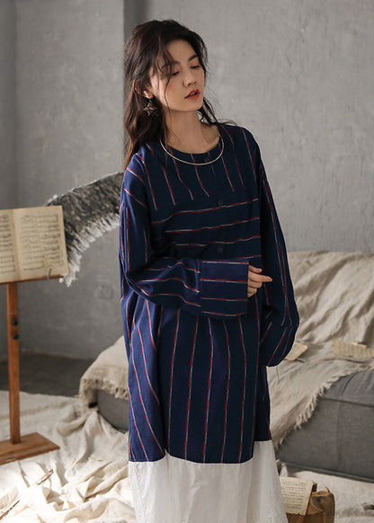 Navy Blue O-neck Striped Patchwork Cozy Cotton Long Dress Long Sleeve To1033
