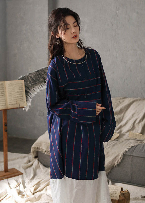 Navy Blue O-neck Striped Patchwork Cozy Cotton Long Dress Long Sleeve Ly1900