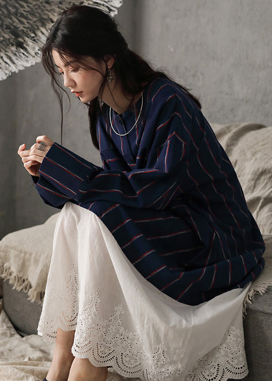 Navy Blue O-neck Striped Patchwork Cozy Cotton Long Dress Long Sleeve Ly1900
