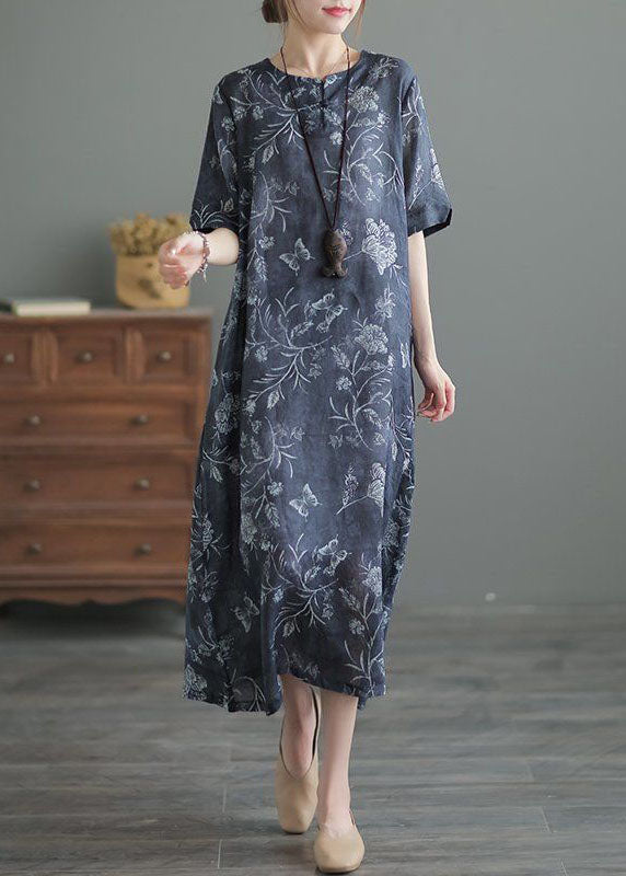 Navy O Neck Print Pockets Patchwork Linen Long Dresses Summer Tp1002