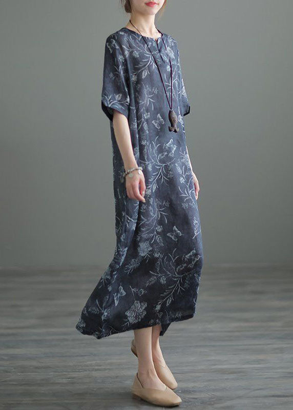 Navy O Neck Print Pockets Patchwork Linen Long Dresses Summer Tp1002