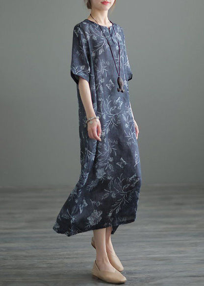 Navy O Neck Print Pockets Patchwork Linen Long Dresses Summer Tp1002