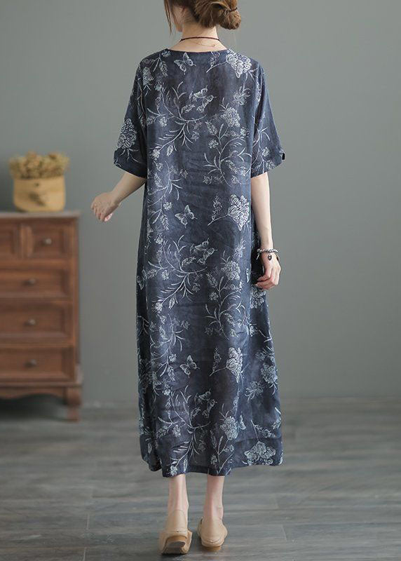 Navy O Neck Print Pockets Patchwork Linen Long Dresses Summer Tp1002