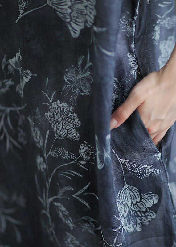 Navy O Neck Print Pockets Patchwork Linen Long Dresses Summer Tp1002