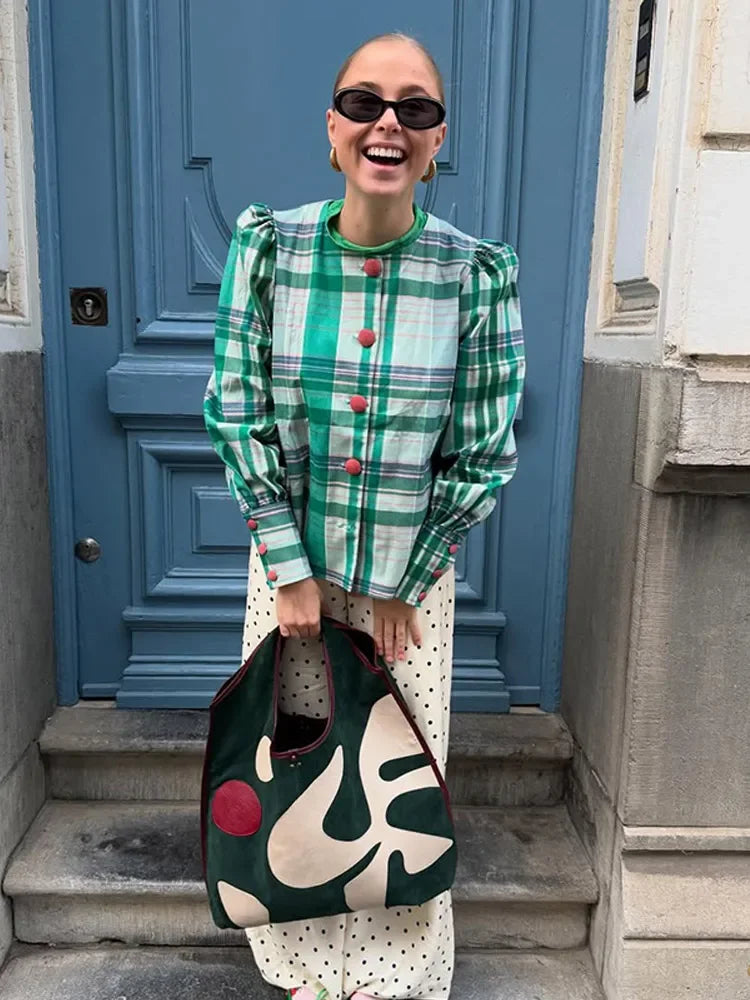 Plaid Contrasting O Neck Blouse