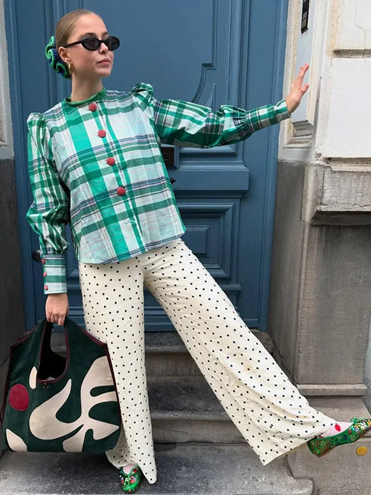 Plaid Contrasting O Neck Blouse
