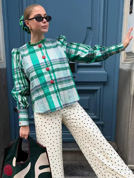 Plaid Contrasting O Neck Blouse